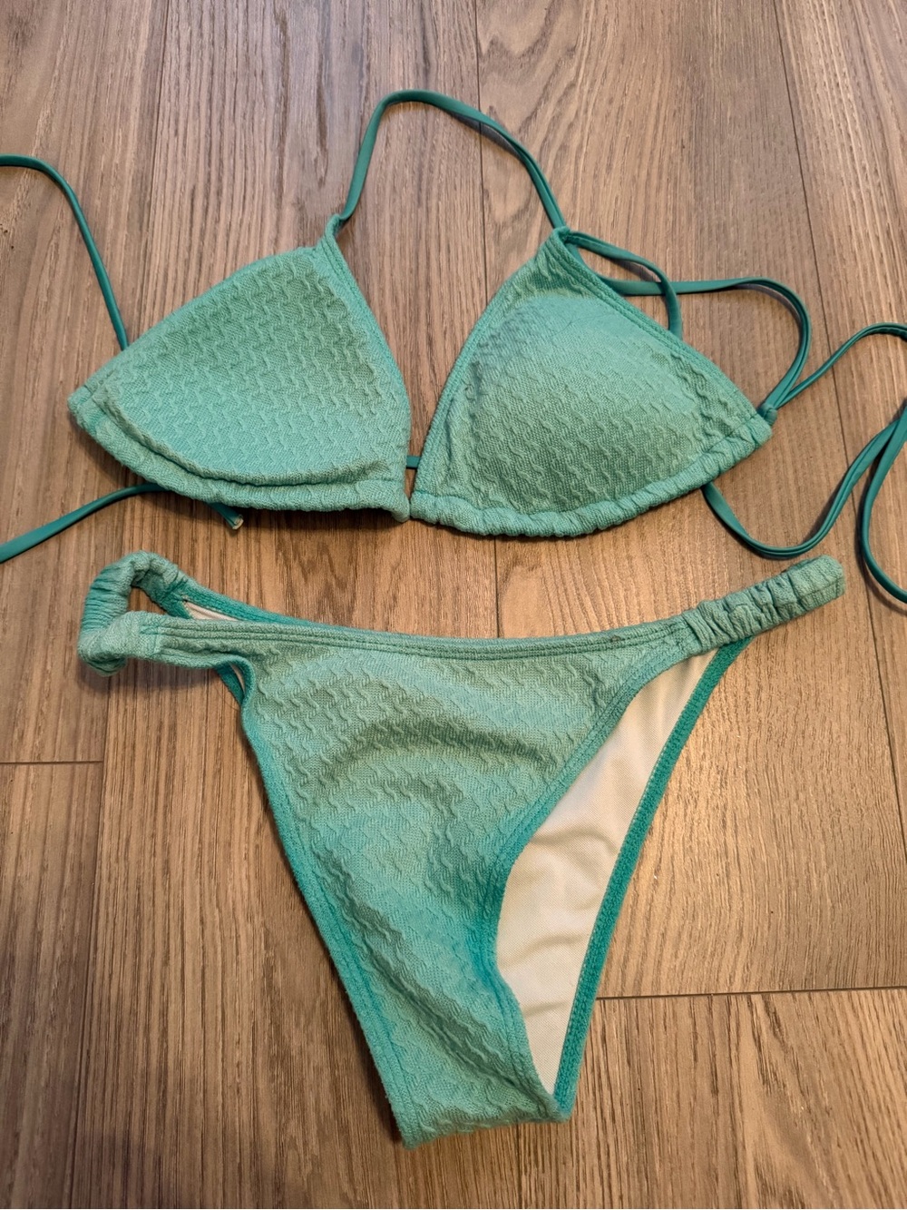 Textured Aqua Triangle Bikini Set - Women Swim